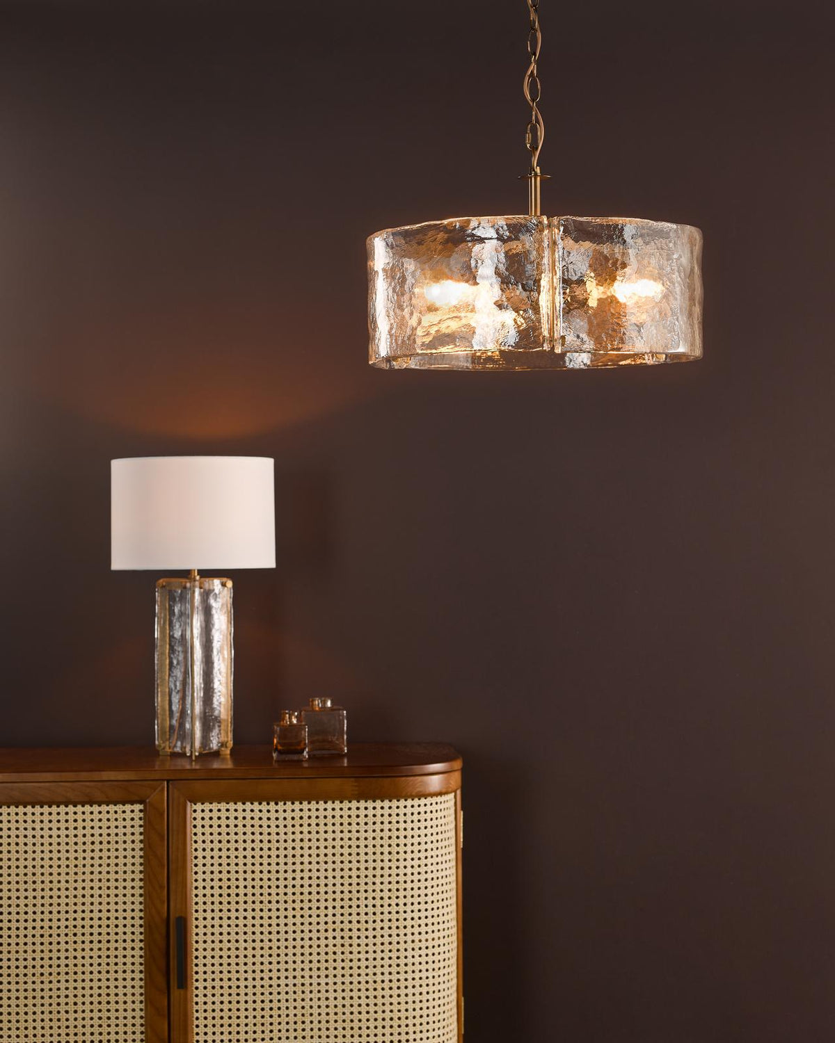 Dar Ravis Table Lamp Antique Bronze and Textured Glass With Shade