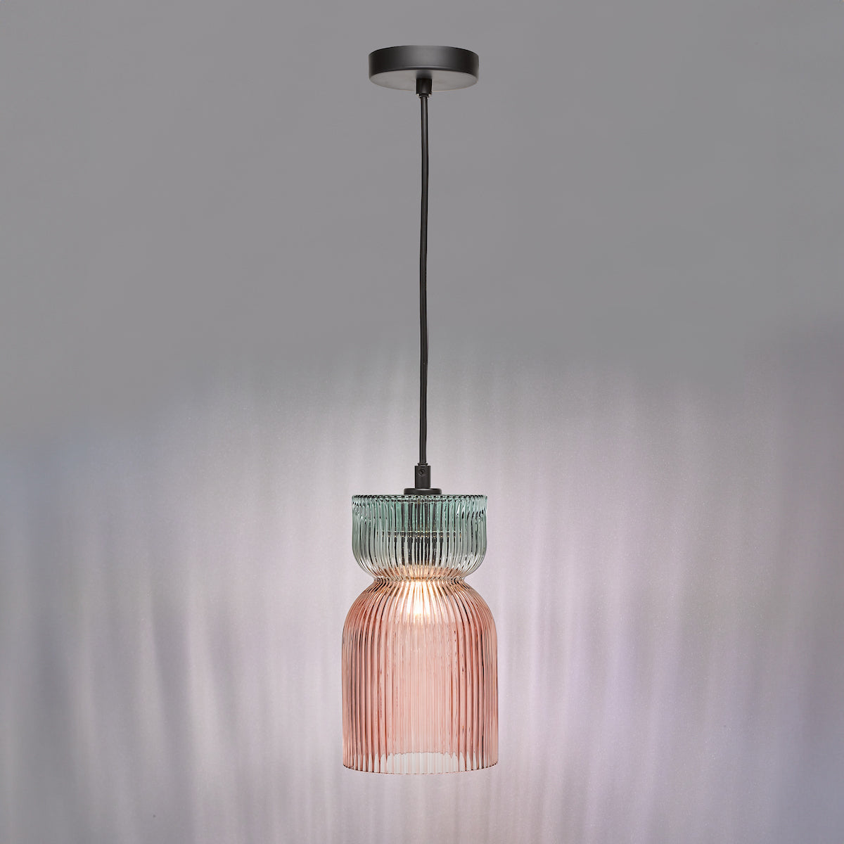 Dar Rhubarb Pendant Pink and Green Ribbed Glass