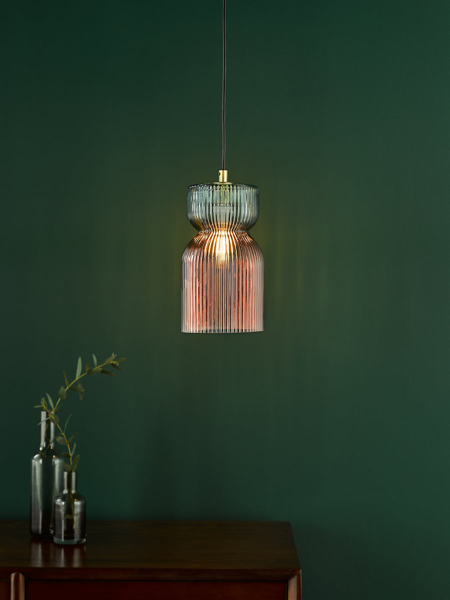 Dar Rhubarb Pendant Pink and Green Ribbed Glass