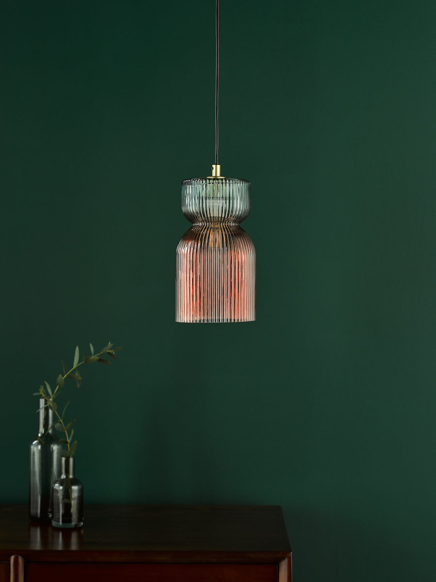 Dar Rhubarb Pendant Pink and Green Ribbed Glass