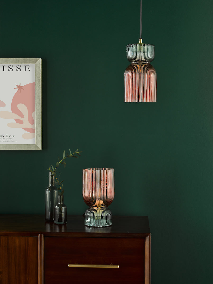 Dar Rhubarb Pendant Pink and Green Ribbed Glass