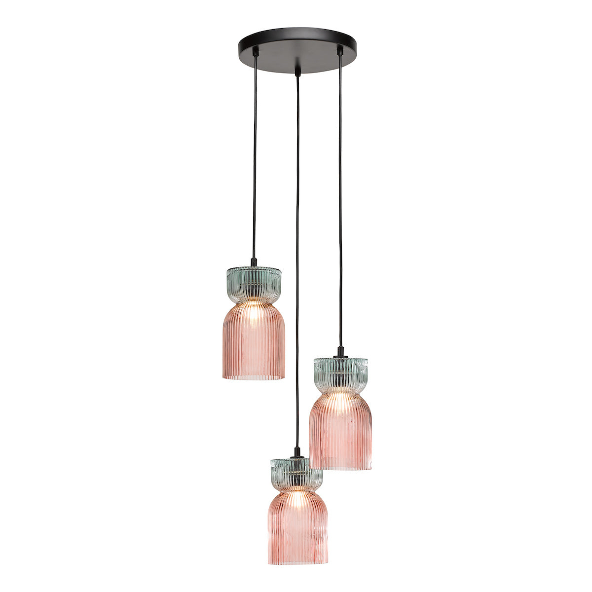 Dar Rhubarb 3 Light Cluster Pendant Pink and Green Ribbed Glass