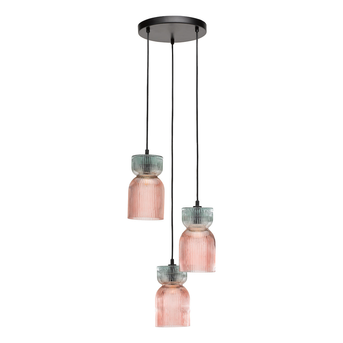 Dar Rhubarb 3 Light Cluster Pendant Pink and Green Ribbed Glass