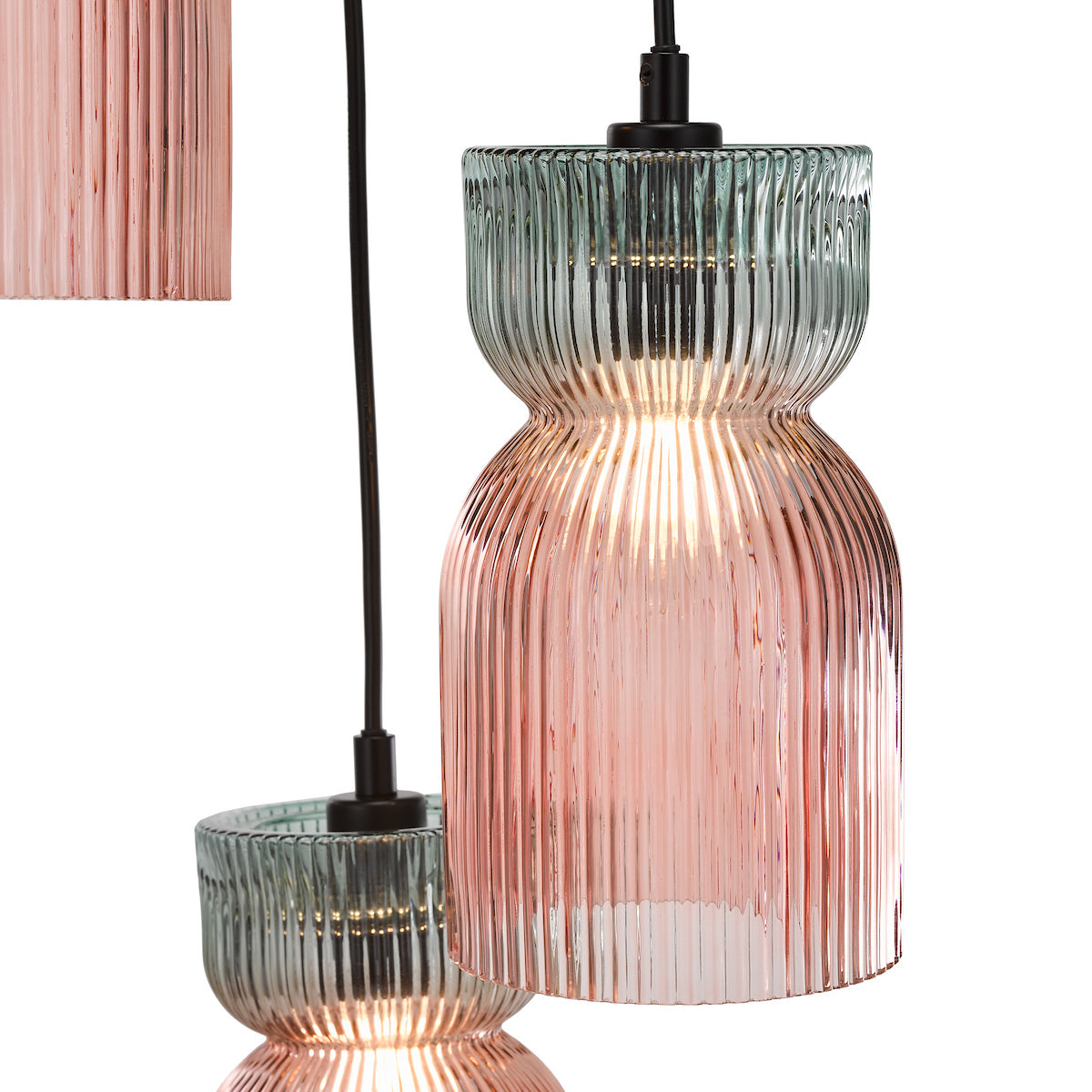 Dar Rhubarb 3 Light Cluster Pendant Pink and Green Ribbed Glass