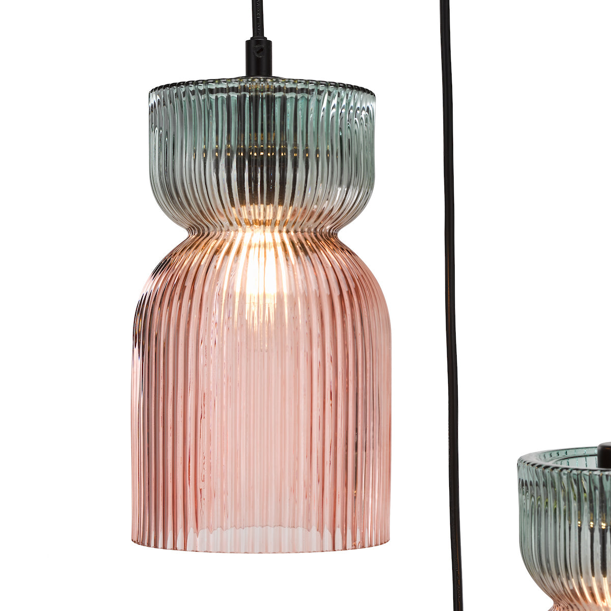 Dar Rhubarb 3 Light Cluster Pendant Pink and Green Ribbed Glass