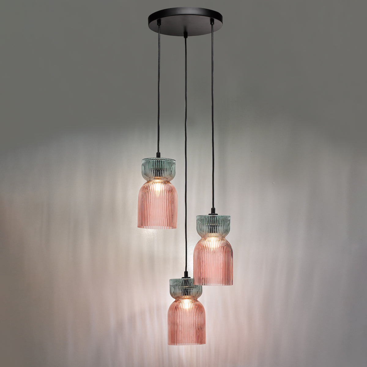 Dar Rhubarb 3 Light Cluster Pendant Pink and Green Ribbed Glass