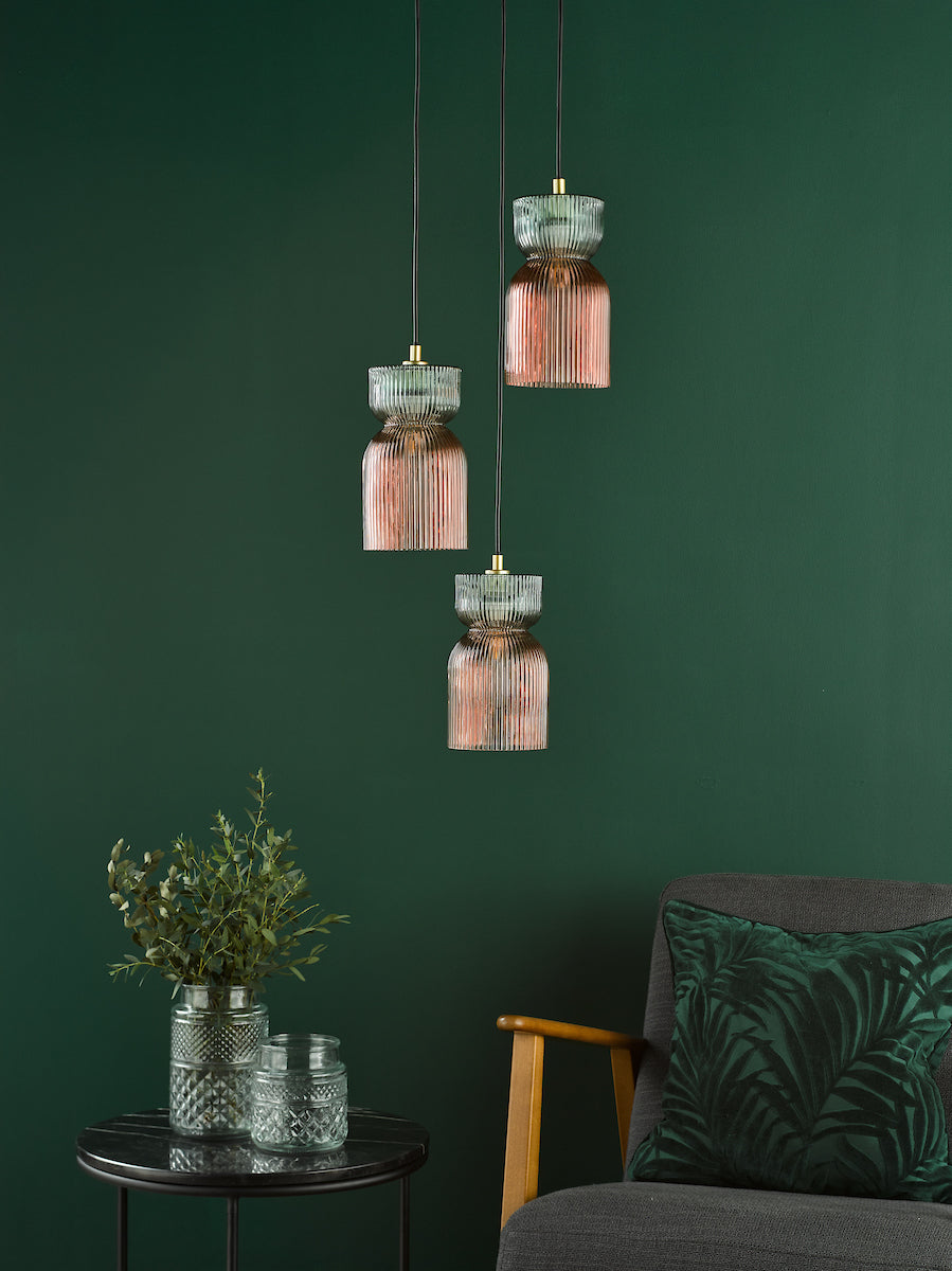 Dar Rhubarb 3 Light Cluster Pendant Pink and Green Ribbed Glass
