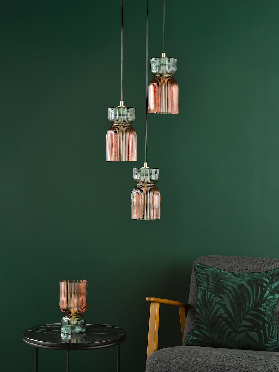 Dar Rhubarb 3 Light Cluster Pendant Pink and Green Ribbed Glass