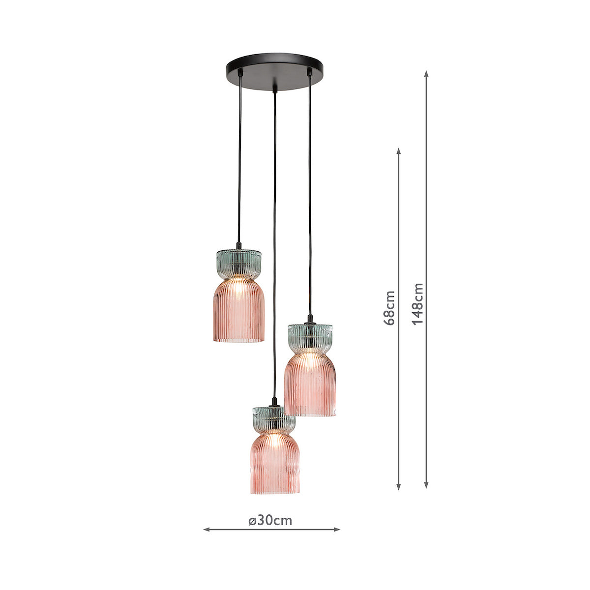 Dar Rhubarb 3 Light Cluster Pendant Pink and Green Ribbed Glass