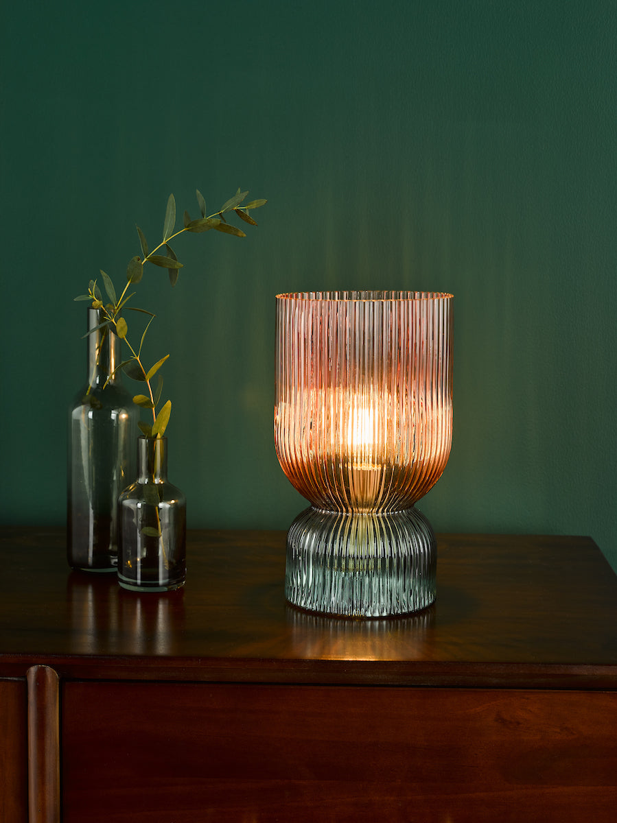 Dar Rhubarb Table Lamp Pink and Green Ribbed Glass