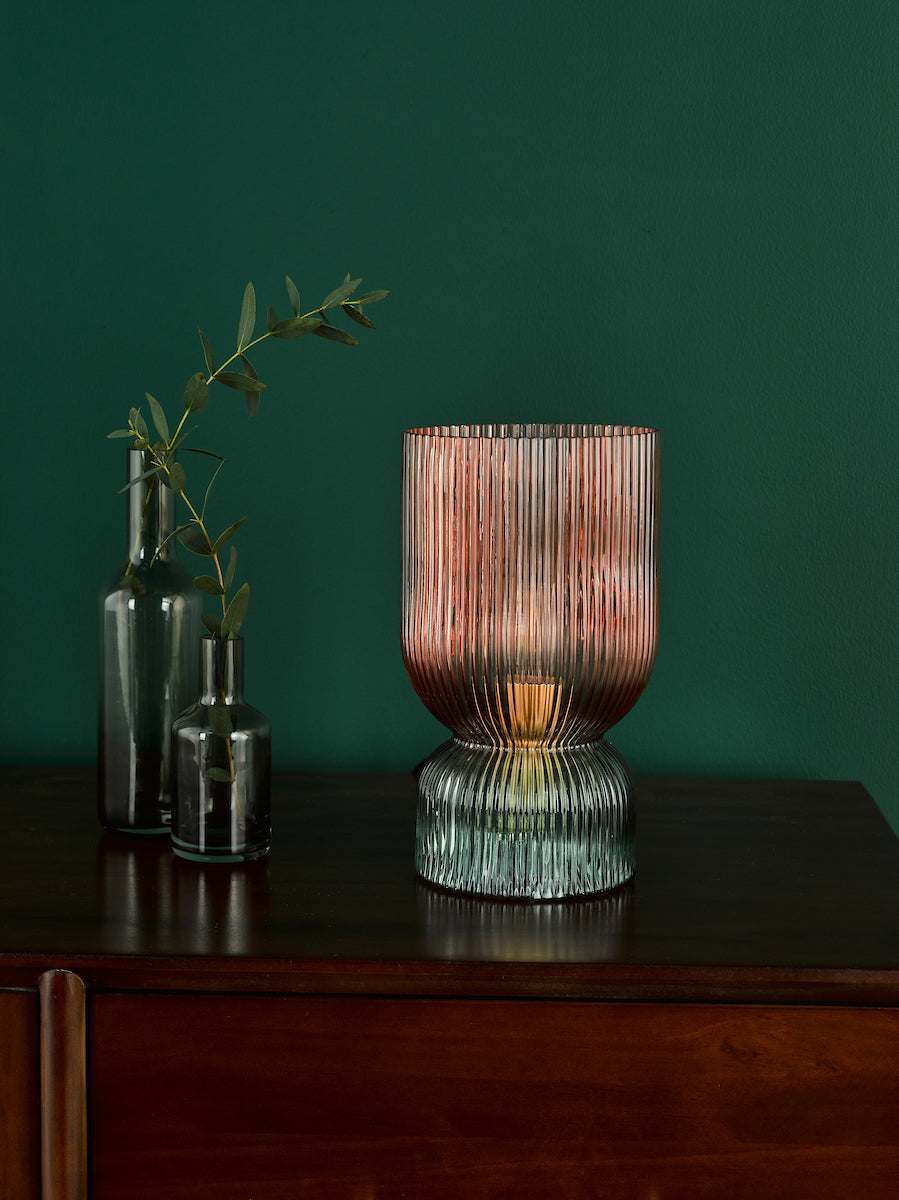 Dar Rhubarb Table Lamp Pink and Green Ribbed Glass