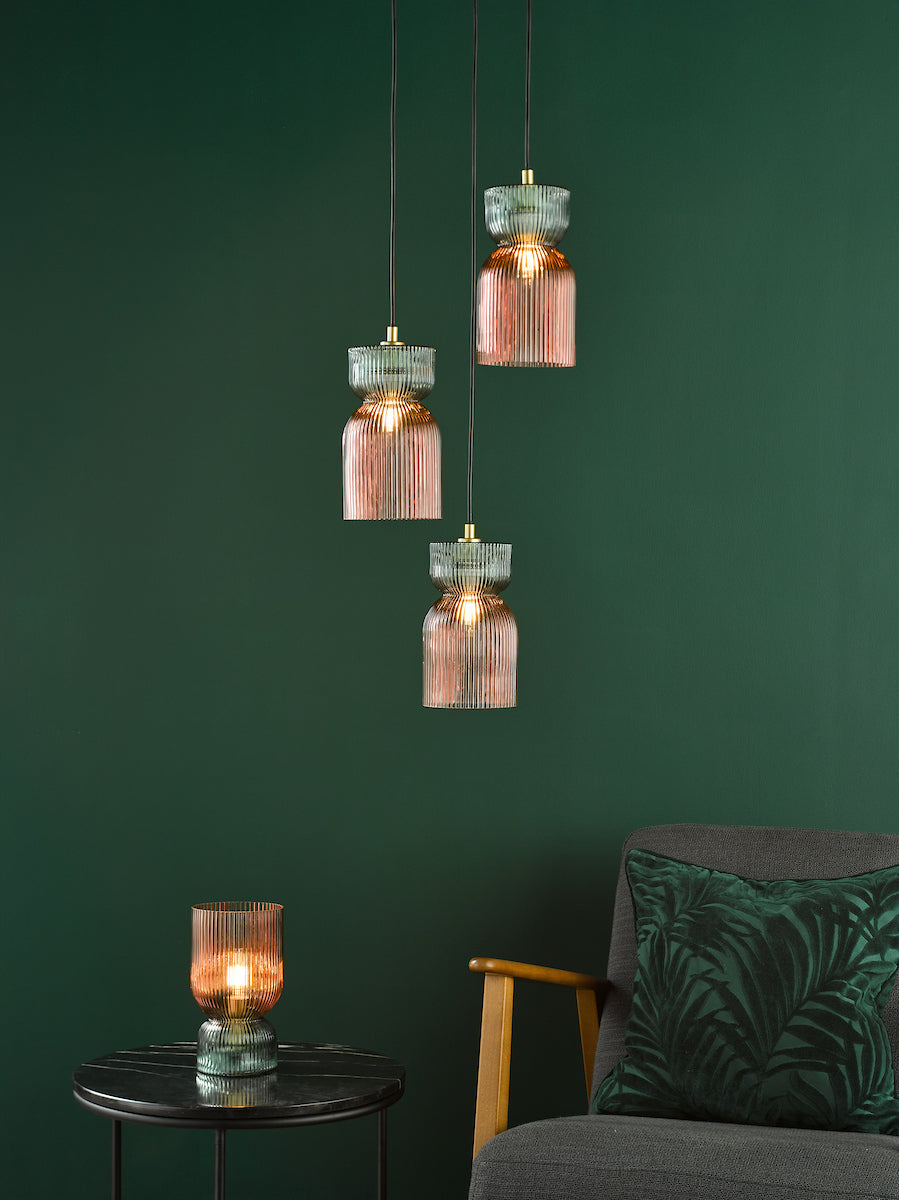 Dar Rhubarb Table Lamp Pink and Green Ribbed Glass