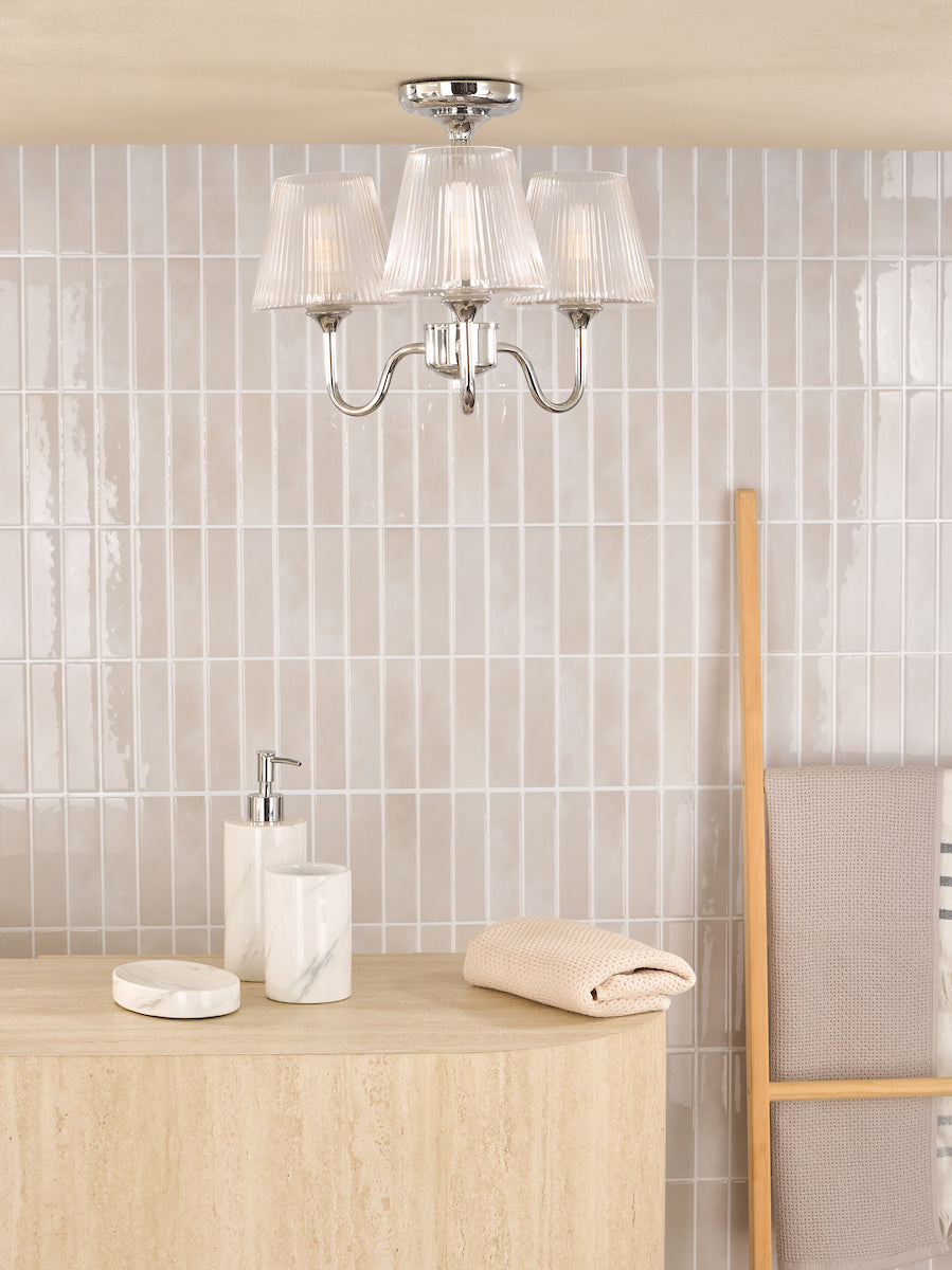 Dar Rimaz 3 Light Bathroom Semi Flush Polished Chrome and Ribbed Glass IP44
