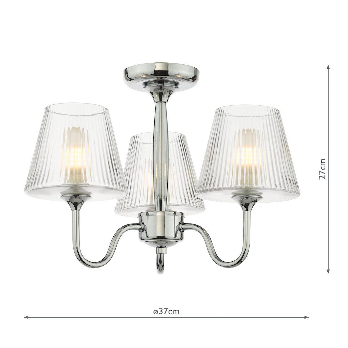 Dar Rimaz 3 Light Bathroom Semi Flush Polished Chrome and Ribbed Glass IP44