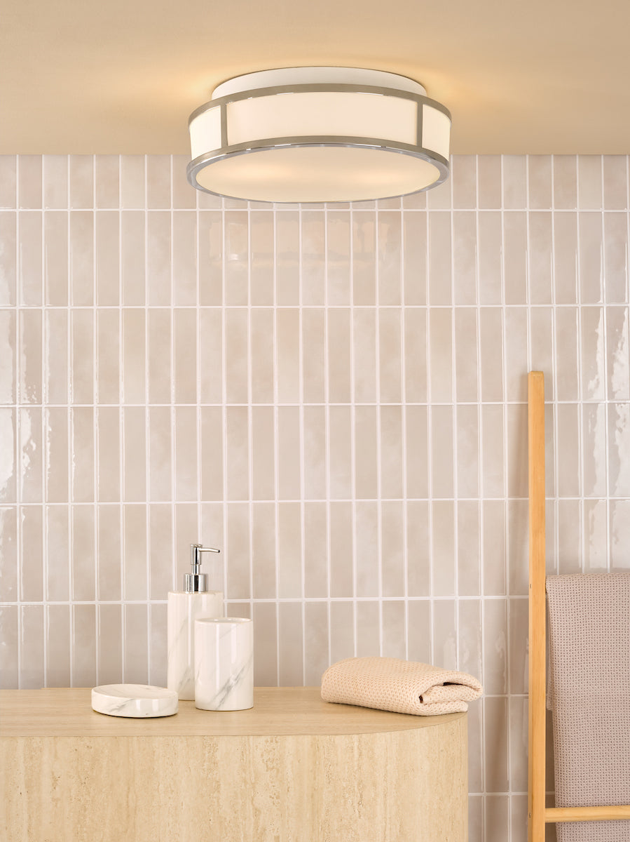 Dar Royce 2 Light Bathroom Flush Polished Chrome and Opal Glass IP44