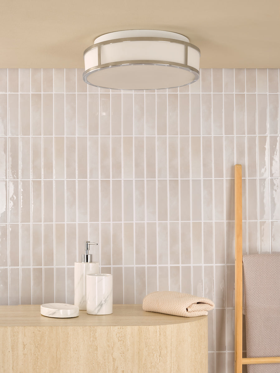 Dar Royce 2 Light Bathroom Flush Polished Chrome and Opal Glass IP44