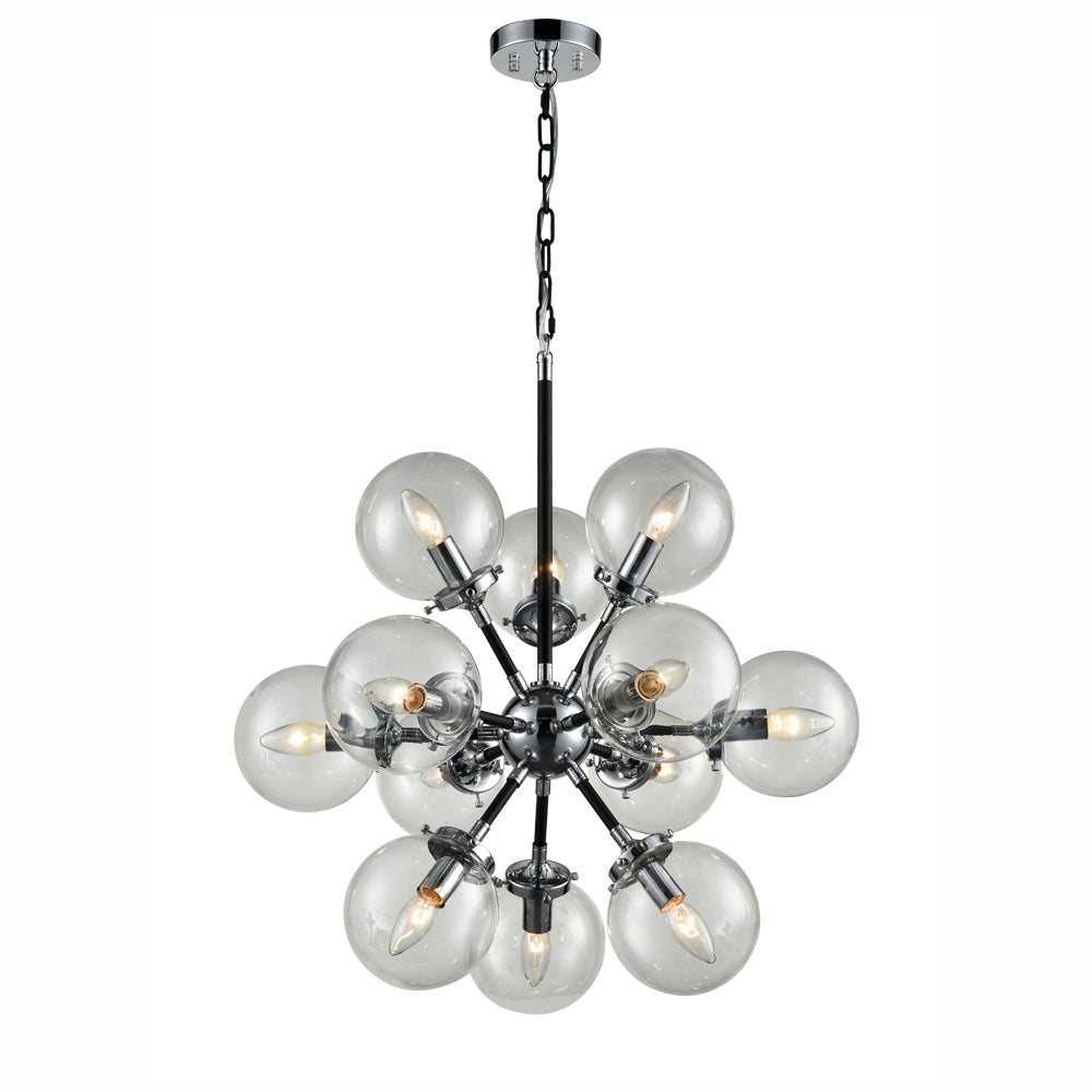 Modern chandelier with twelve clear glass globe shades and exposed bulbs on black metal frame