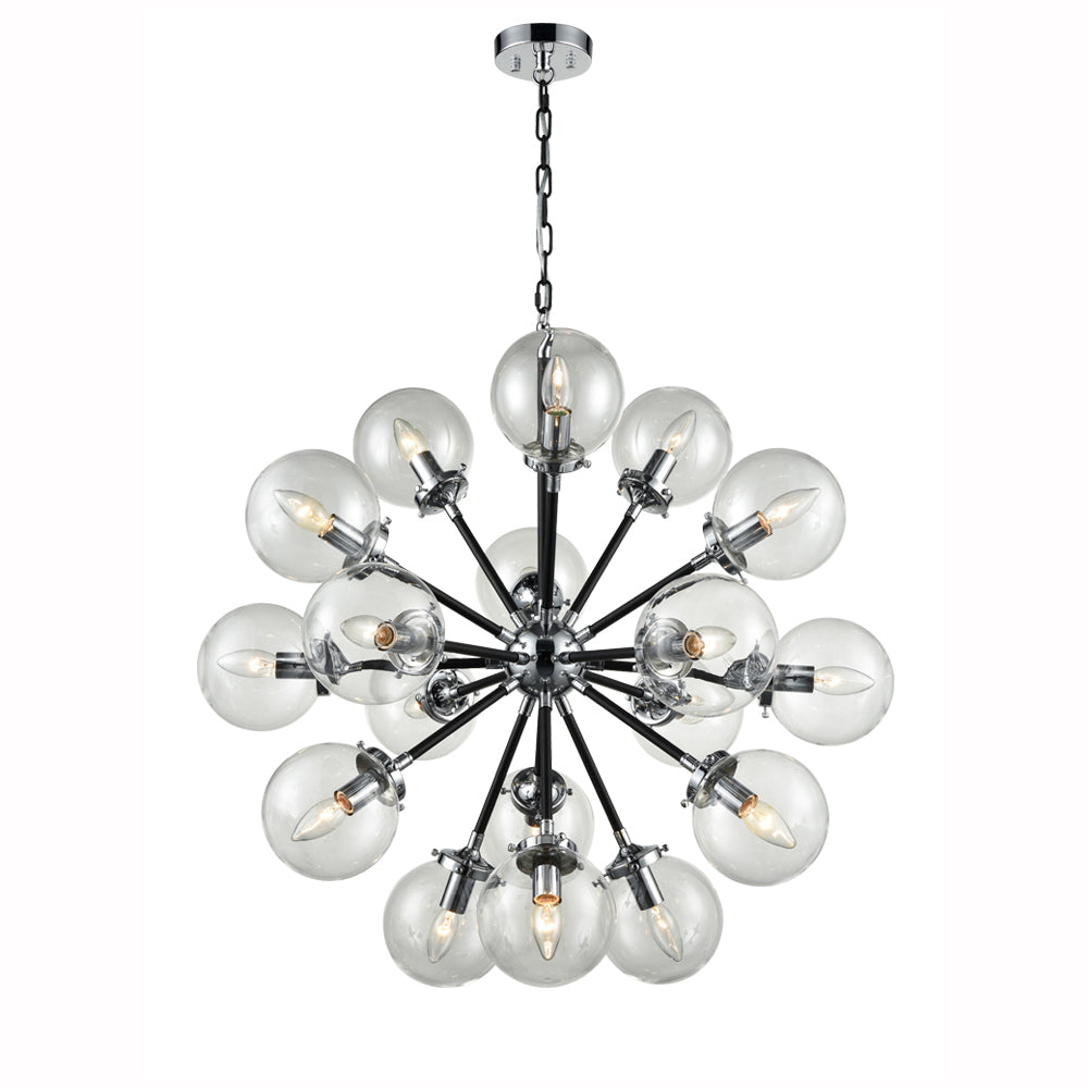 Modern spherical chandelier with 16 clear glass globes and exposed bulbs on black metal arms