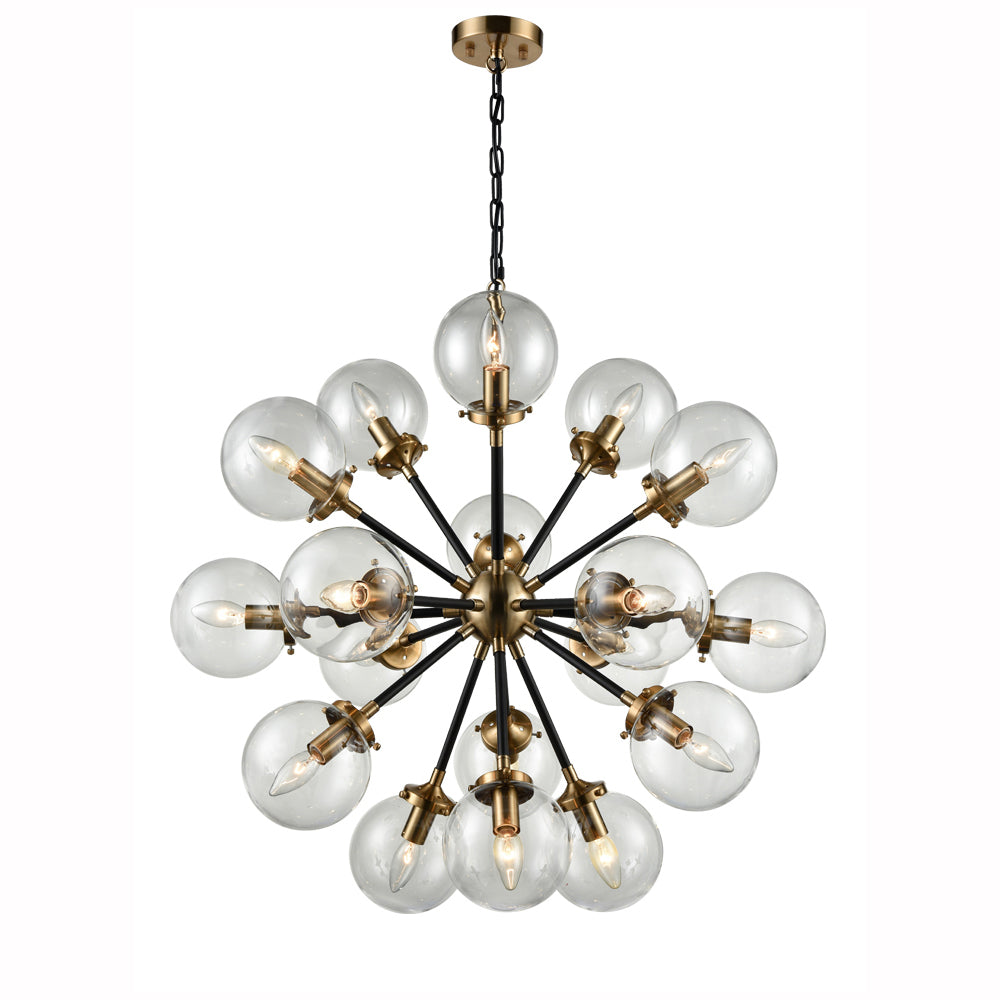 Modern mid-century chandelier with 18 clear glass globe bulbs and brass accents hanging from black chain