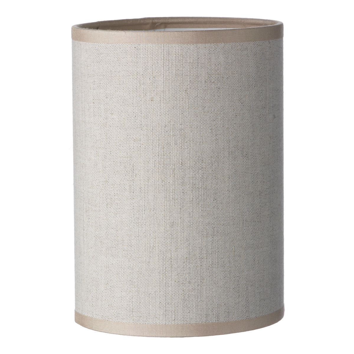 Beige cylindrical fabric lampshade with tan trim on top and bottom
