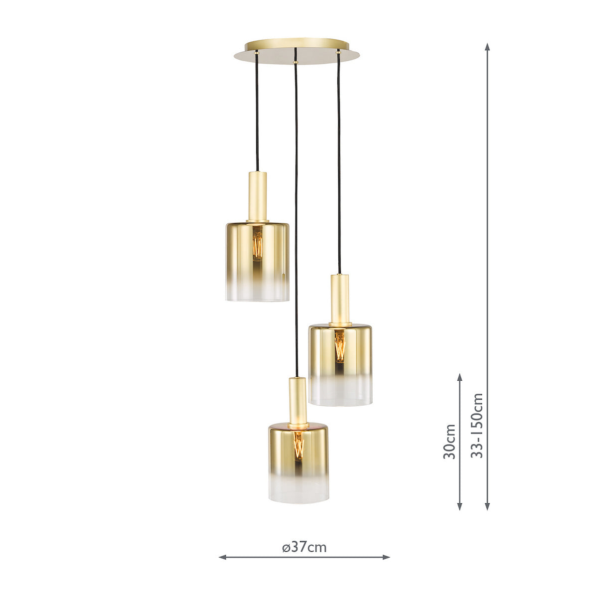 Dar Savannah 3 Light Cluster Pendant Satin Gold and Gold Ombre Glass