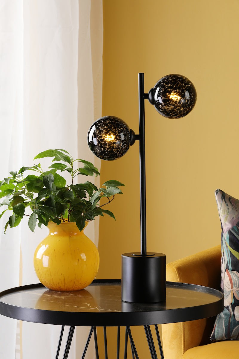 Dar Spiral 2 Light Table Lamp Matt Black and Black Confetti Glass