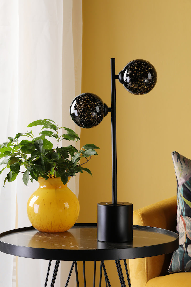 Dar Spiral 2 Light Table Lamp Matt Black and Black Confetti Glass
