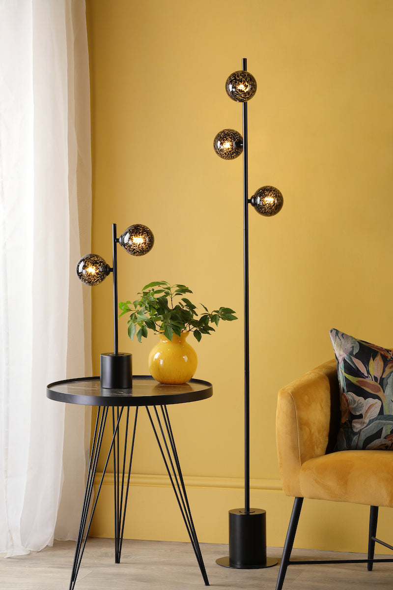 Dar Spiral 2 Light Table Lamp Matt Black and Black Confetti Glass