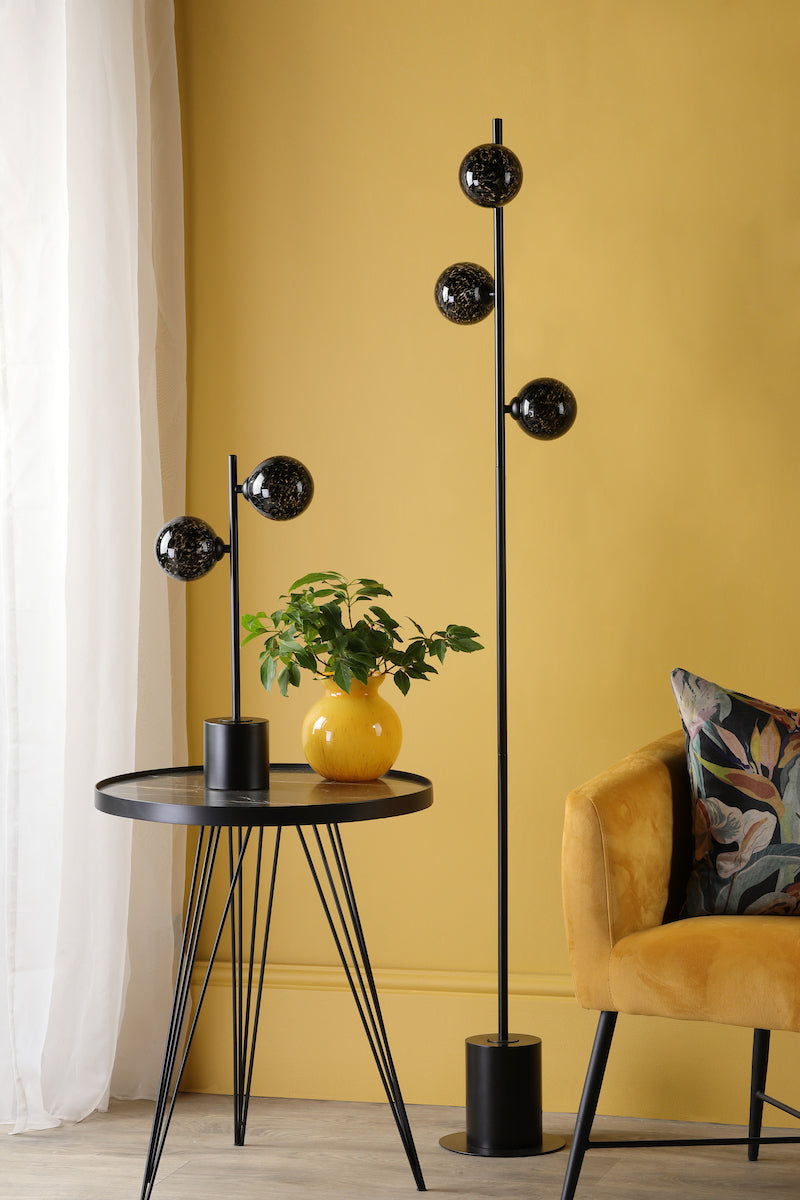 Dar Spiral 2 Light Table Lamp Matt Black and Black Confetti Glass