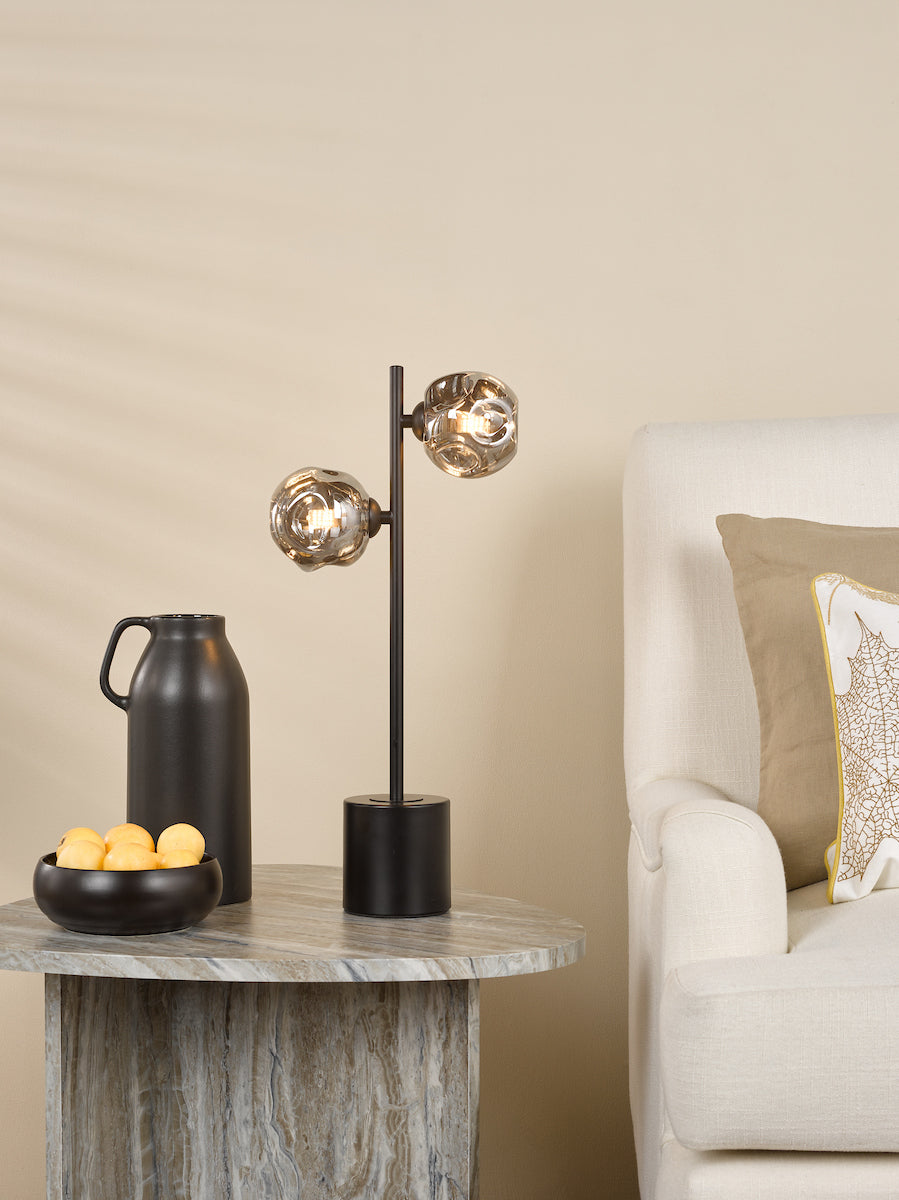 Dar Spiral 2 Light Table Lamp Matt Black With Closed Organic Smoked Glass