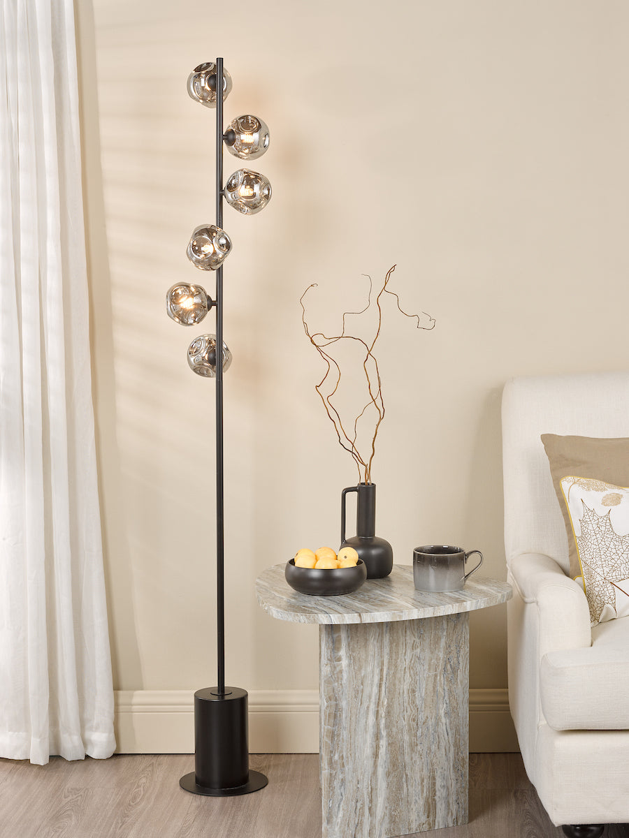 Dar Spiral 6 Light Floor Lamp Matt Black With Closed Organic Smoked Glass