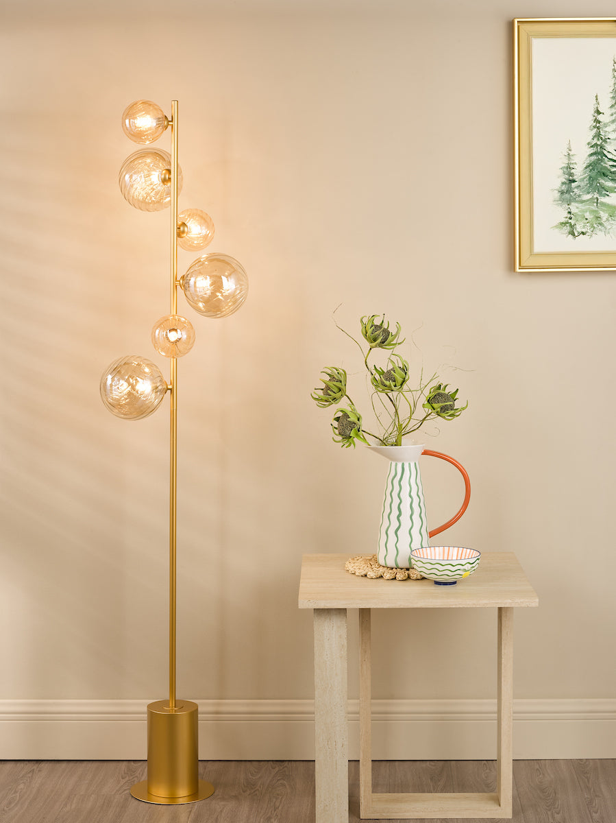 Dar Spiral 6 Light Floor Lamp Matt Gold and Amber Glass
