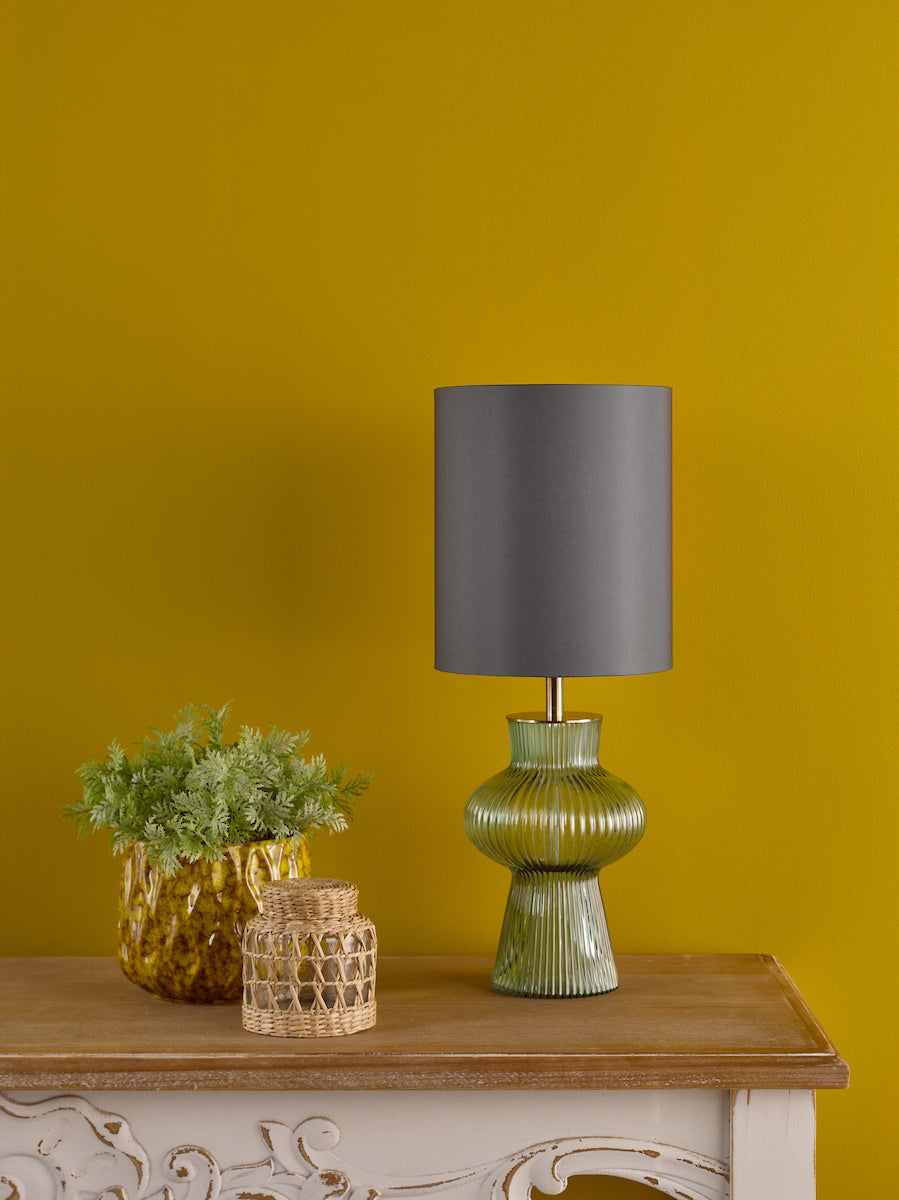 Dar Suelita Table Lamp Green Ribbed Glass and Antique Brass With Shade