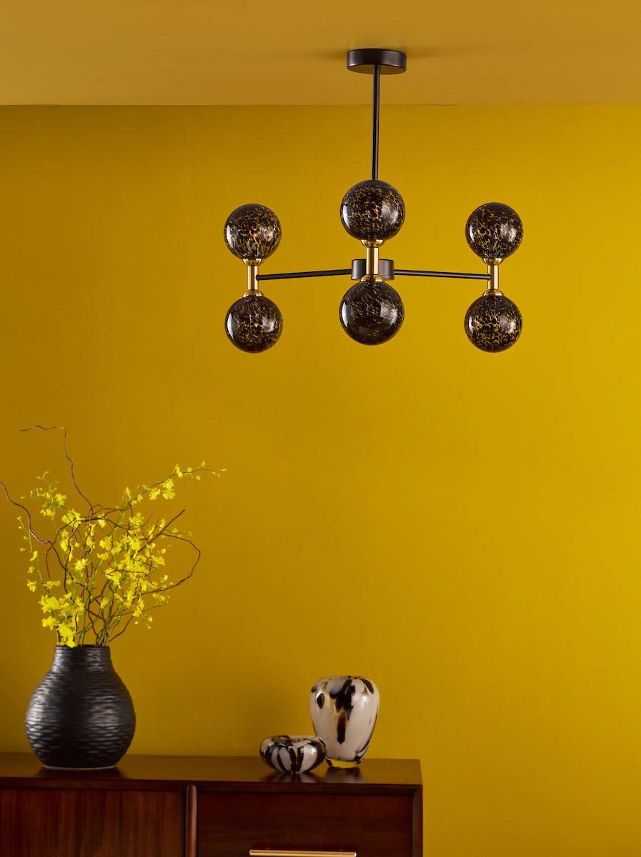 Dar Takara 6 Light Semi-Flush Matt Black and Bronze With Black Confetti Glass