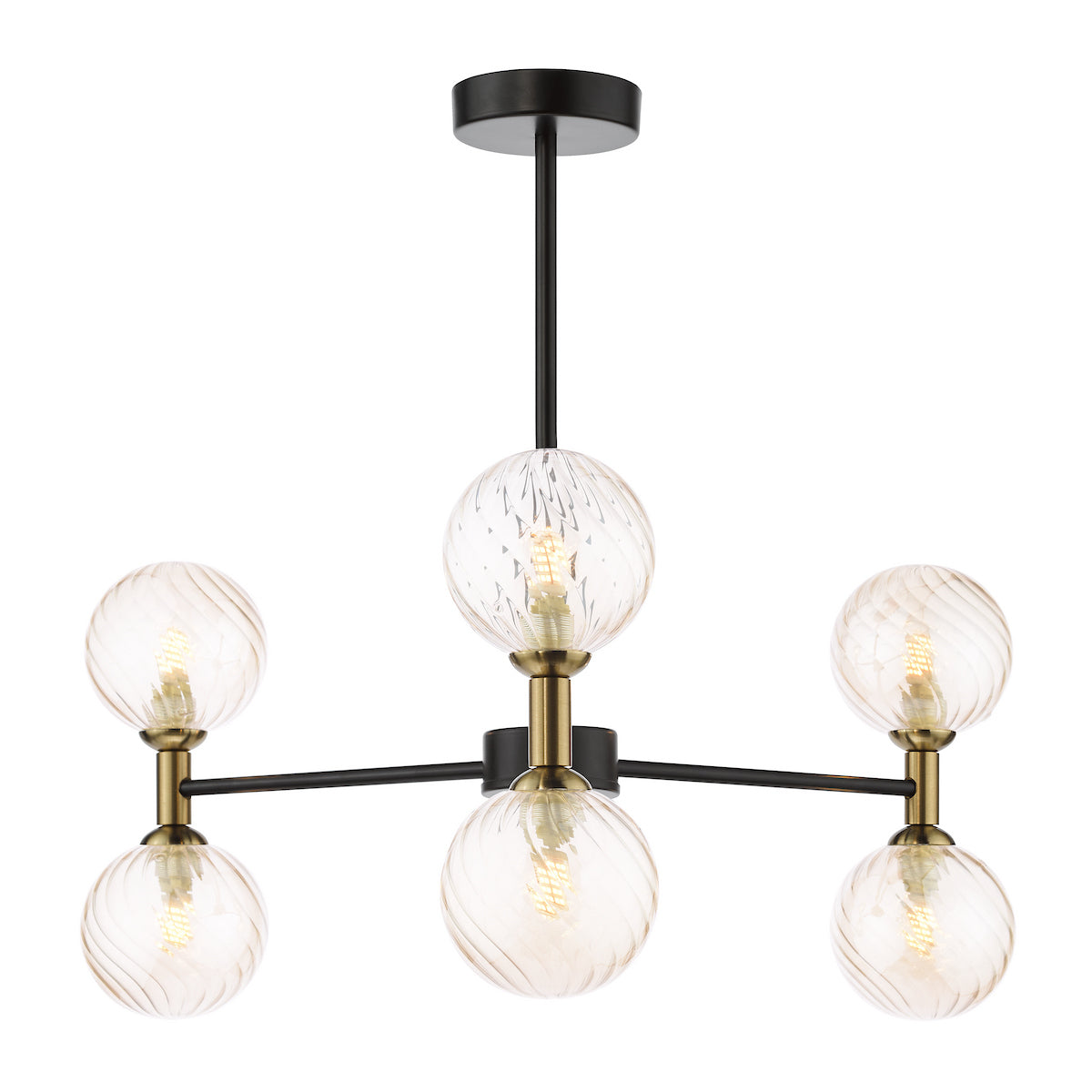 Dar Takara 6 Light Semi-Flush Matt Black and Bronze With Twisted Amber Glass