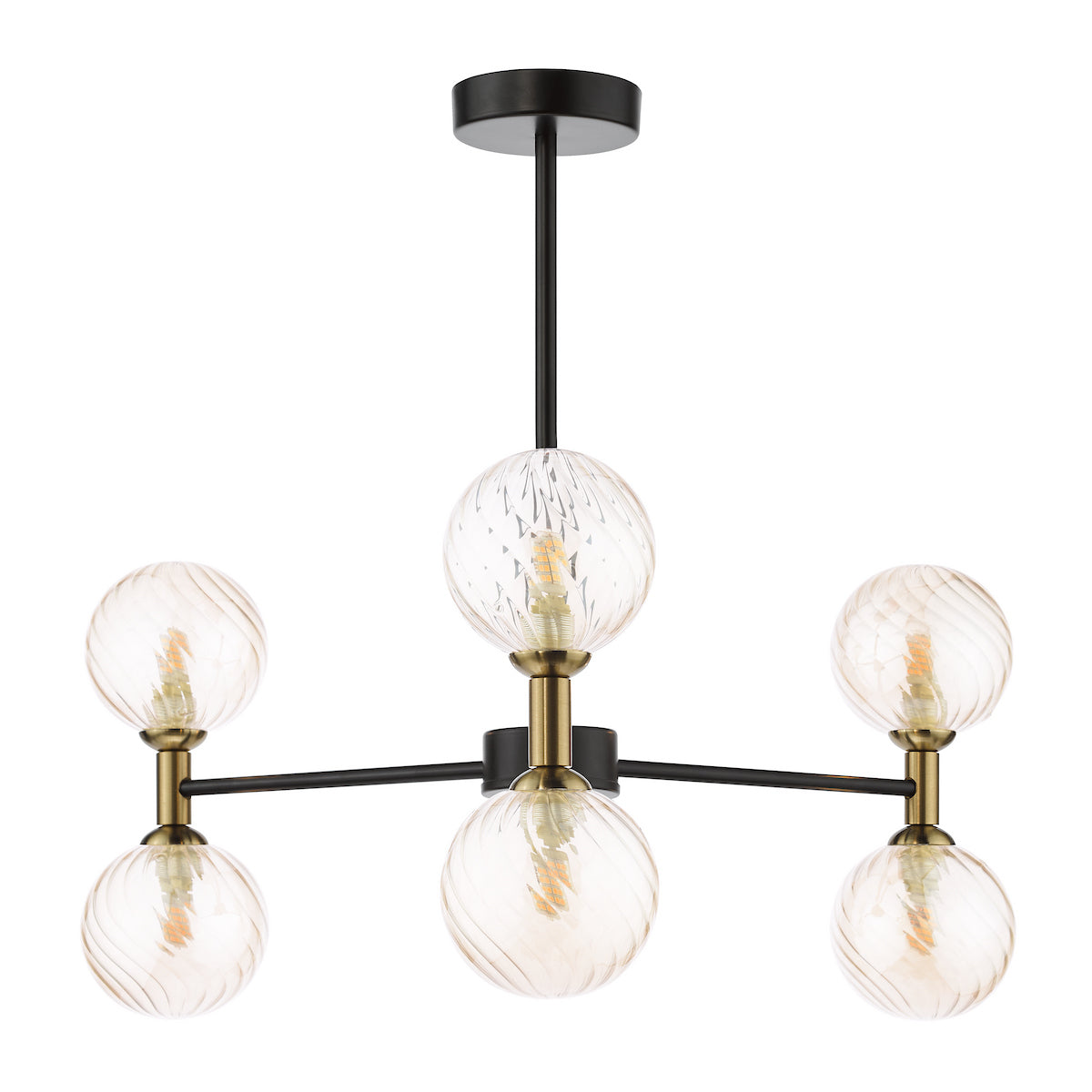 Dar Takara 6 Light Semi-Flush Matt Black and Bronze With Twisted Amber Glass