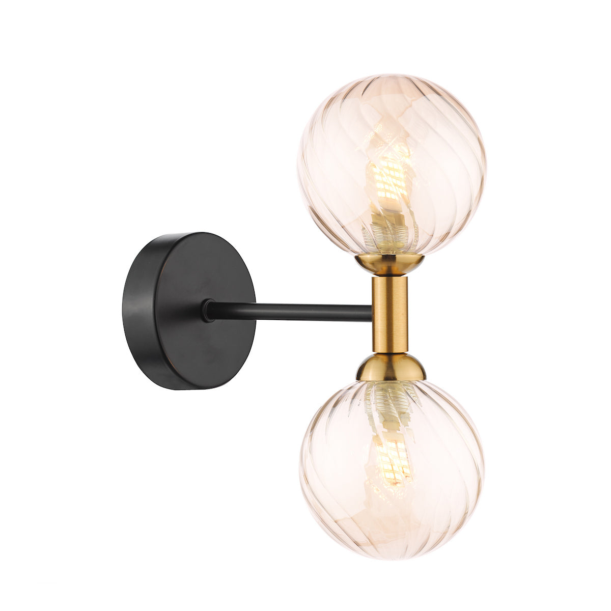 Dar Takara 2 Light Wall Light Matt Black and Bronze With Twisted Amber Glass