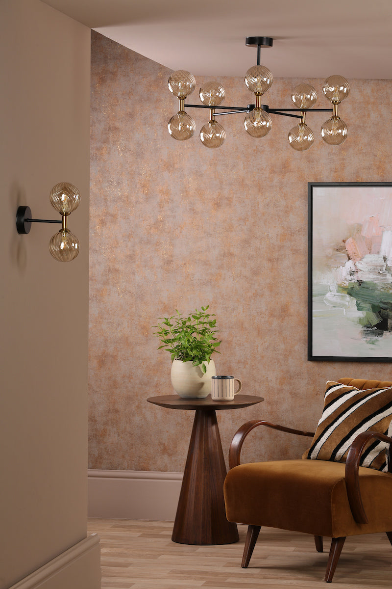 Dar Takara 10 Light Semi-Flush Matt Black and Bronze With Twisted Amber Glass