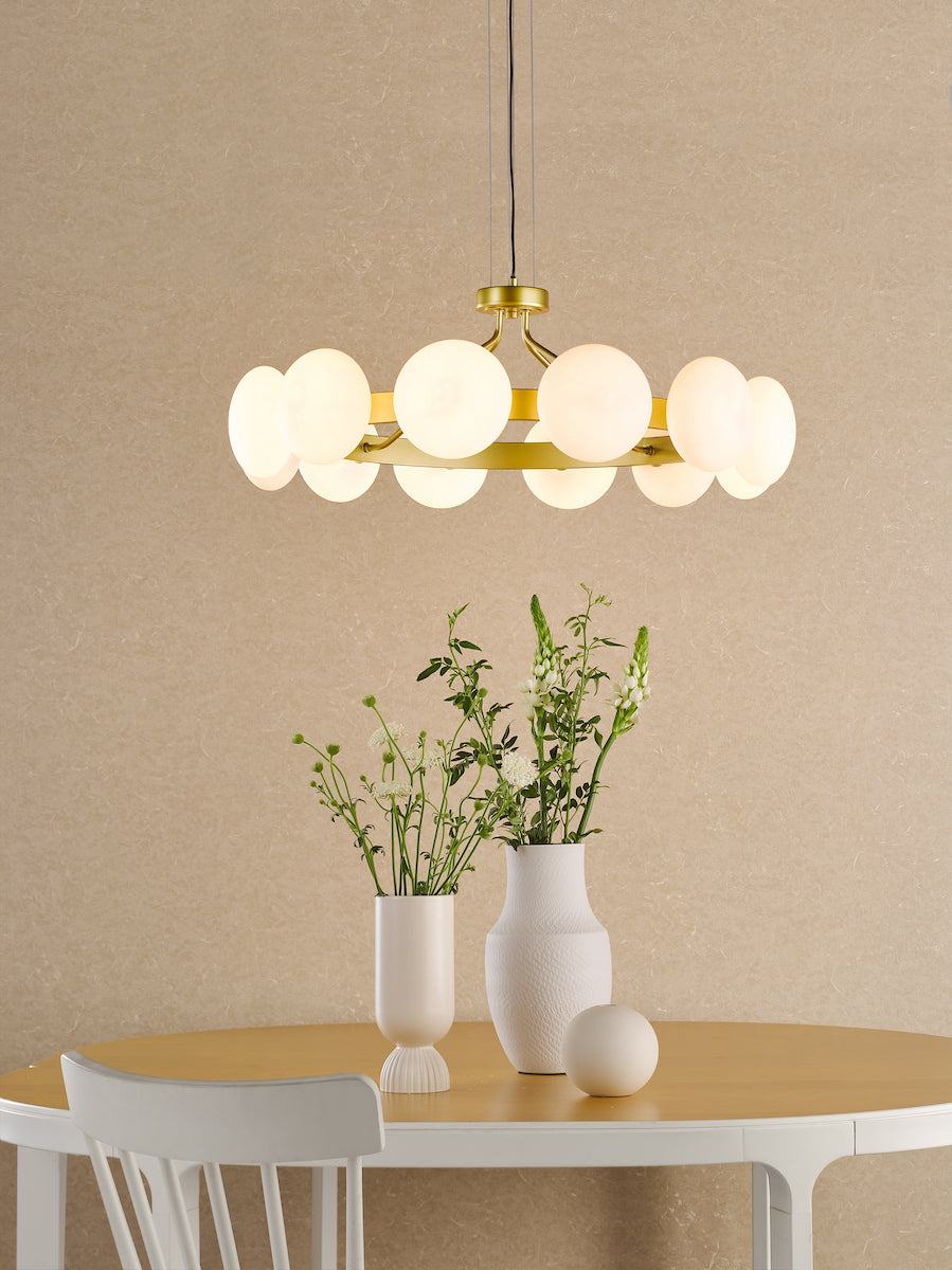 Dar Tauri 12 Light Pendant Matt Gold and Opal Glass