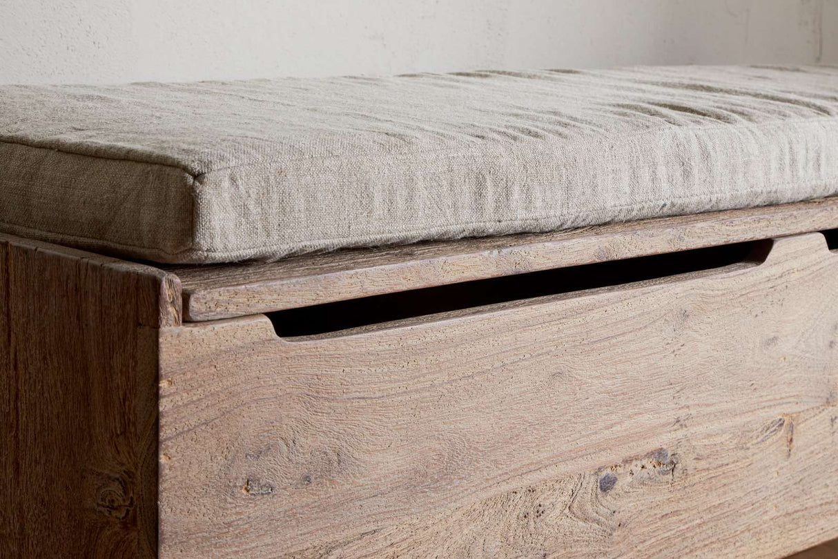 Nkuku Teni Reclaimed Wood Storage Bench with Upholstered Linen Cushion Natural