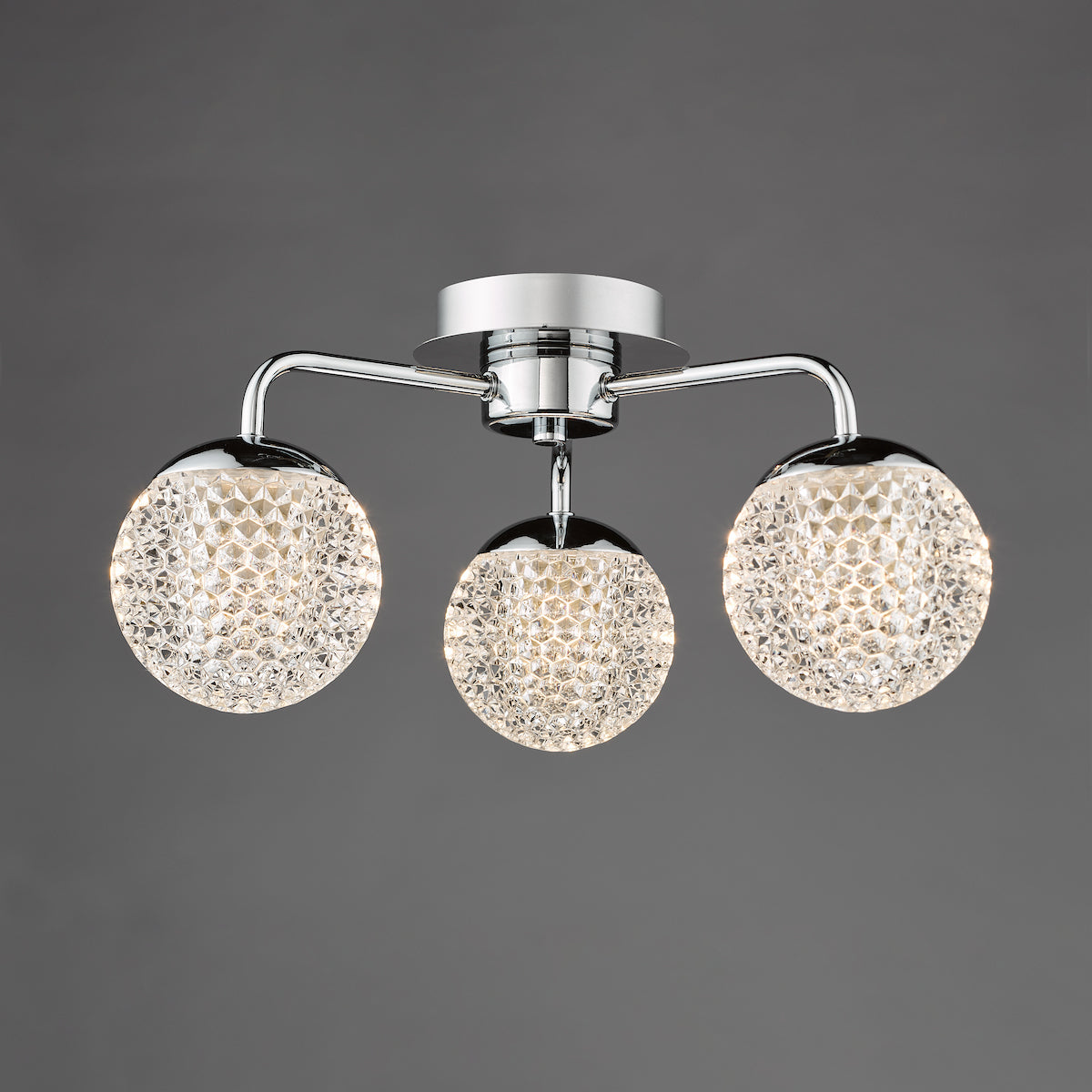 Dar Teva 3 Light Semi-Flush Polished Chrome and Faceted Acrylic IP44