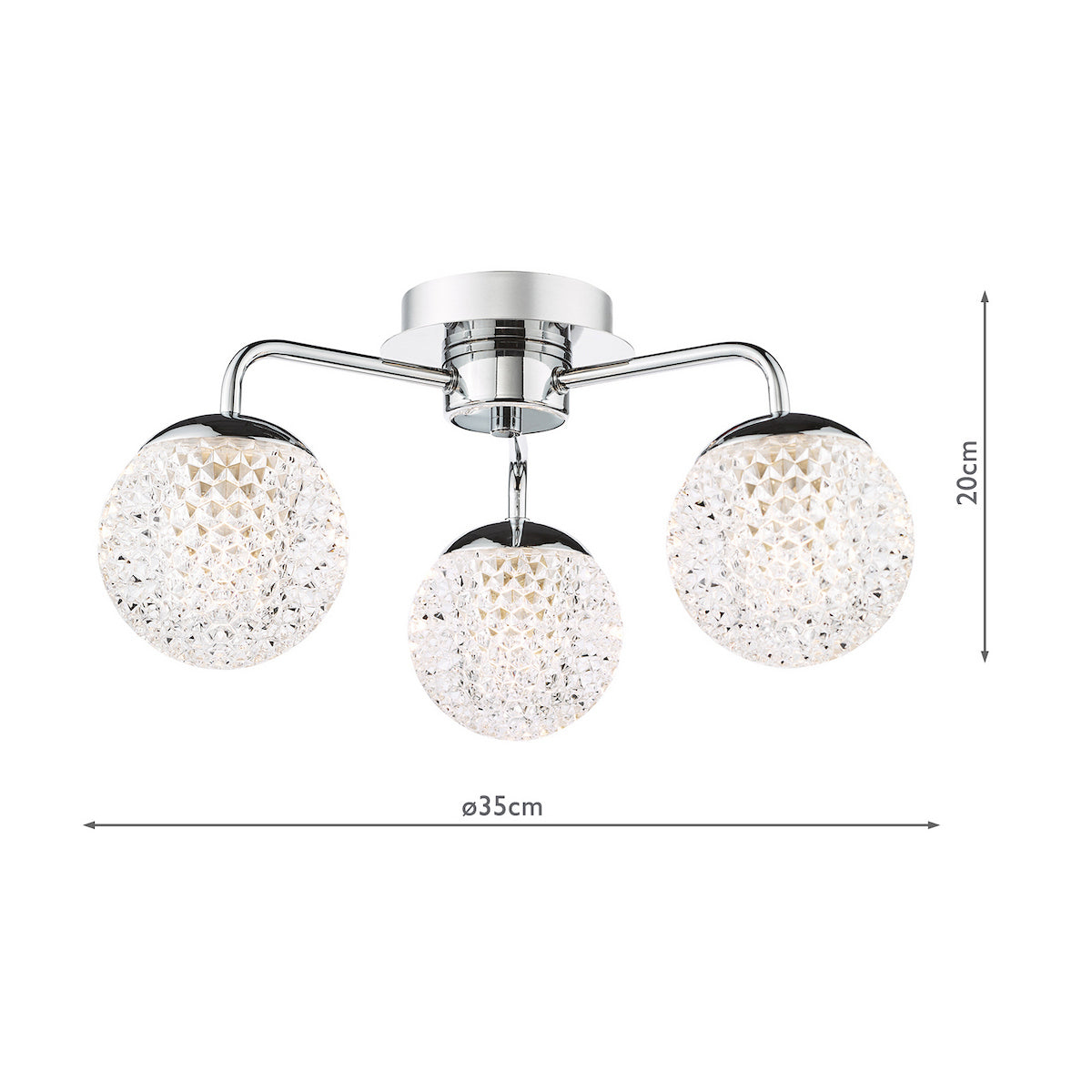 Dar Teva 3 Light Semi-Flush Polished Chrome and Faceted Acrylic IP44