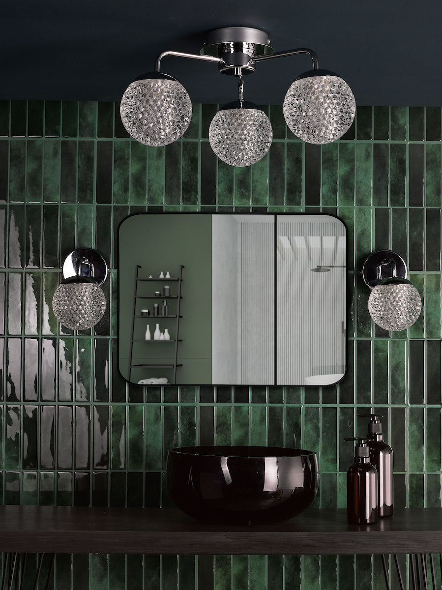 Dar Teva 3 Light Semi-Flush Polished Chrome and Faceted Acrylic IP44