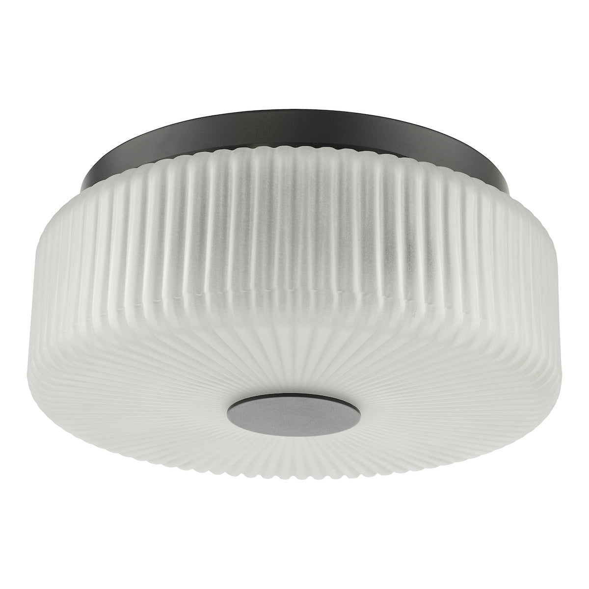 Dar Twyman 3 Light Flush Satin Black and White Ribbed Glass IP44