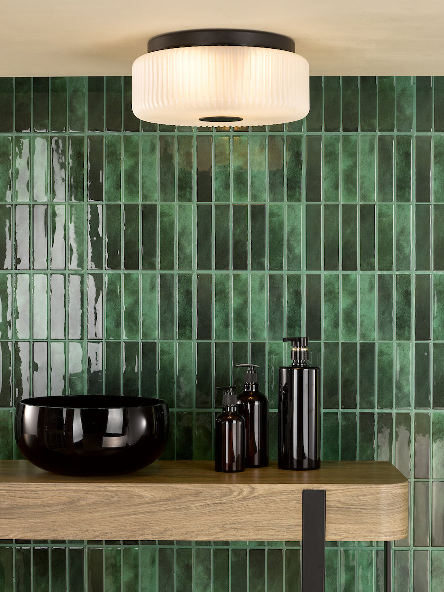 Dar Twyman 3 Light Flush Satin Black and White Ribbed Glass IP44