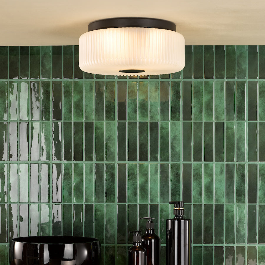Dar Twyman 3 Light Flush Satin Black and White Ribbed Glass IP44