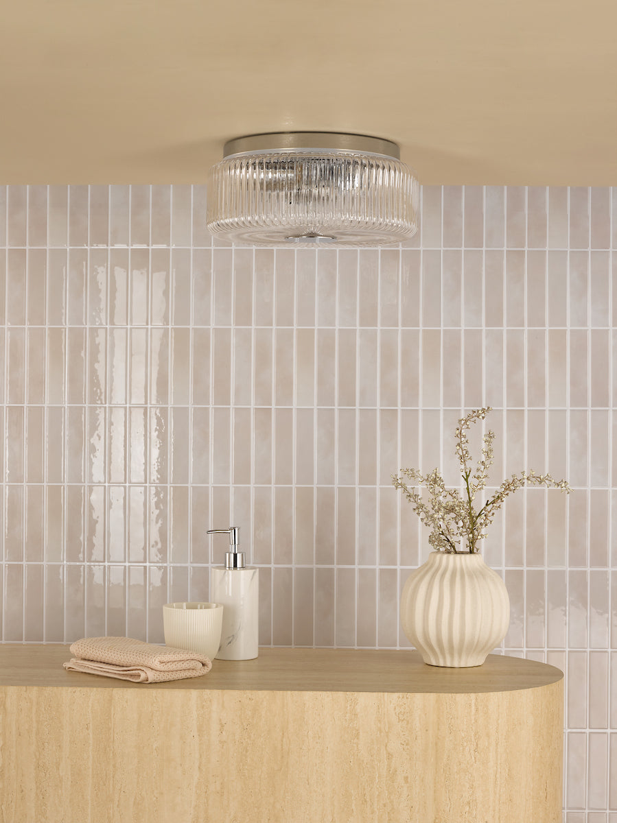 Dar Twyman 3 Light Flush Polished Chrome and Ribbed Glass IP44