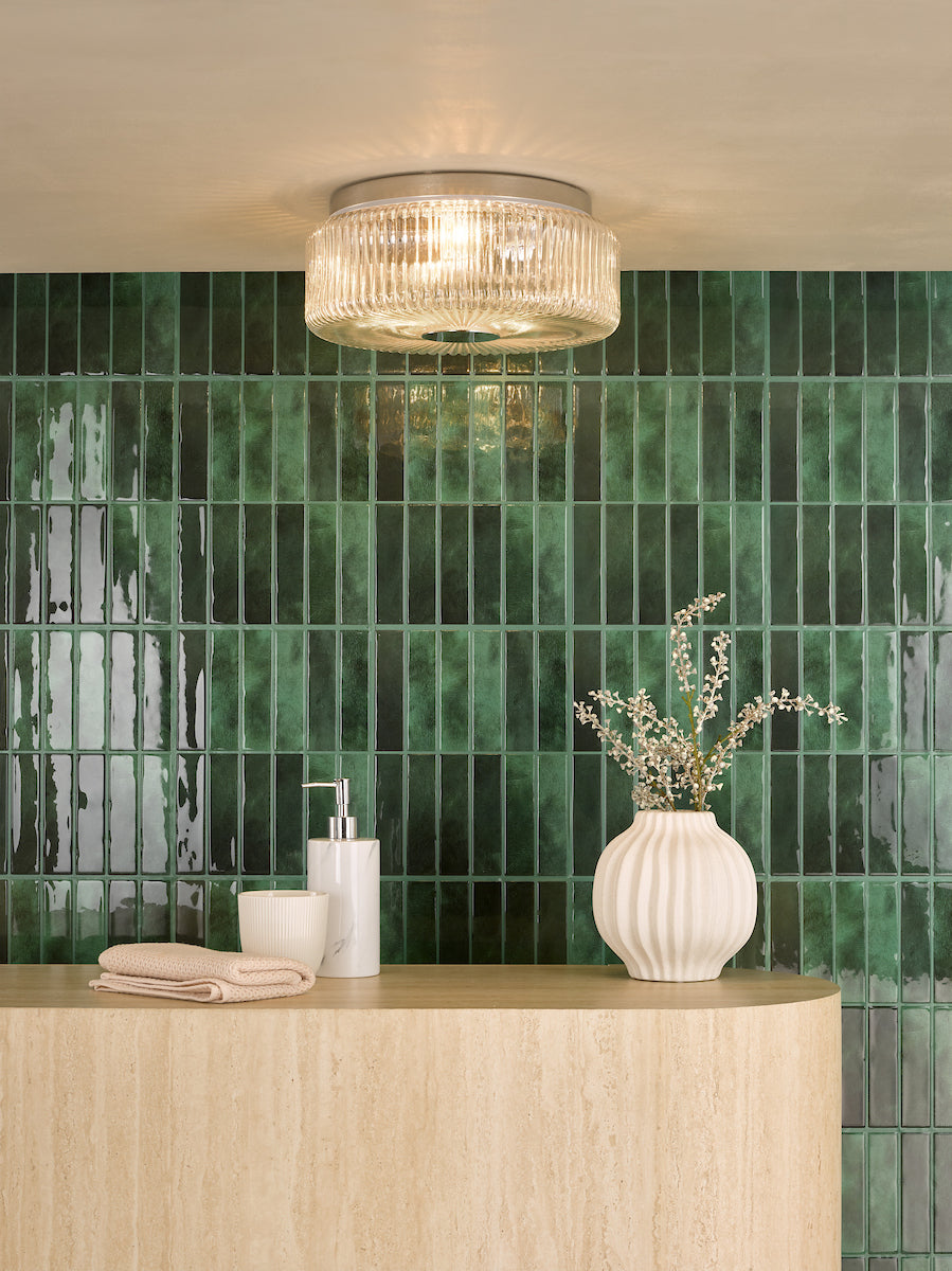 Dar Twyman 3 Light Flush Polished Chrome and Ribbed Glass IP44