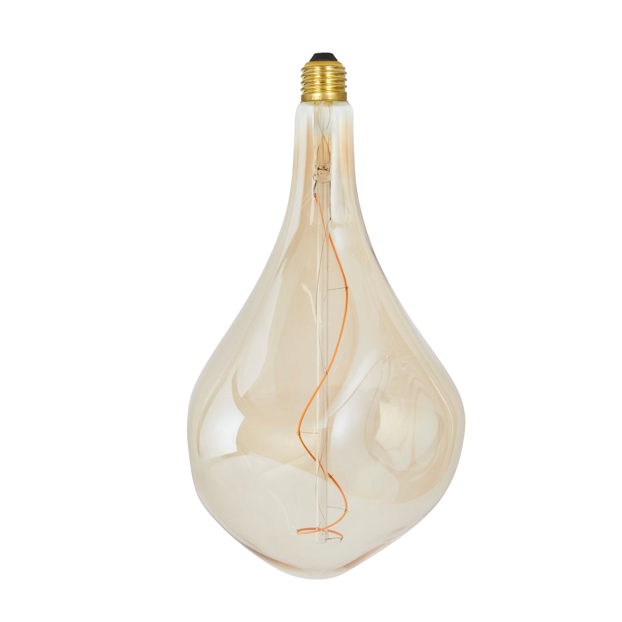 Off-white tear drop shaped vintage-style light bulb with visible filament and brass screw base