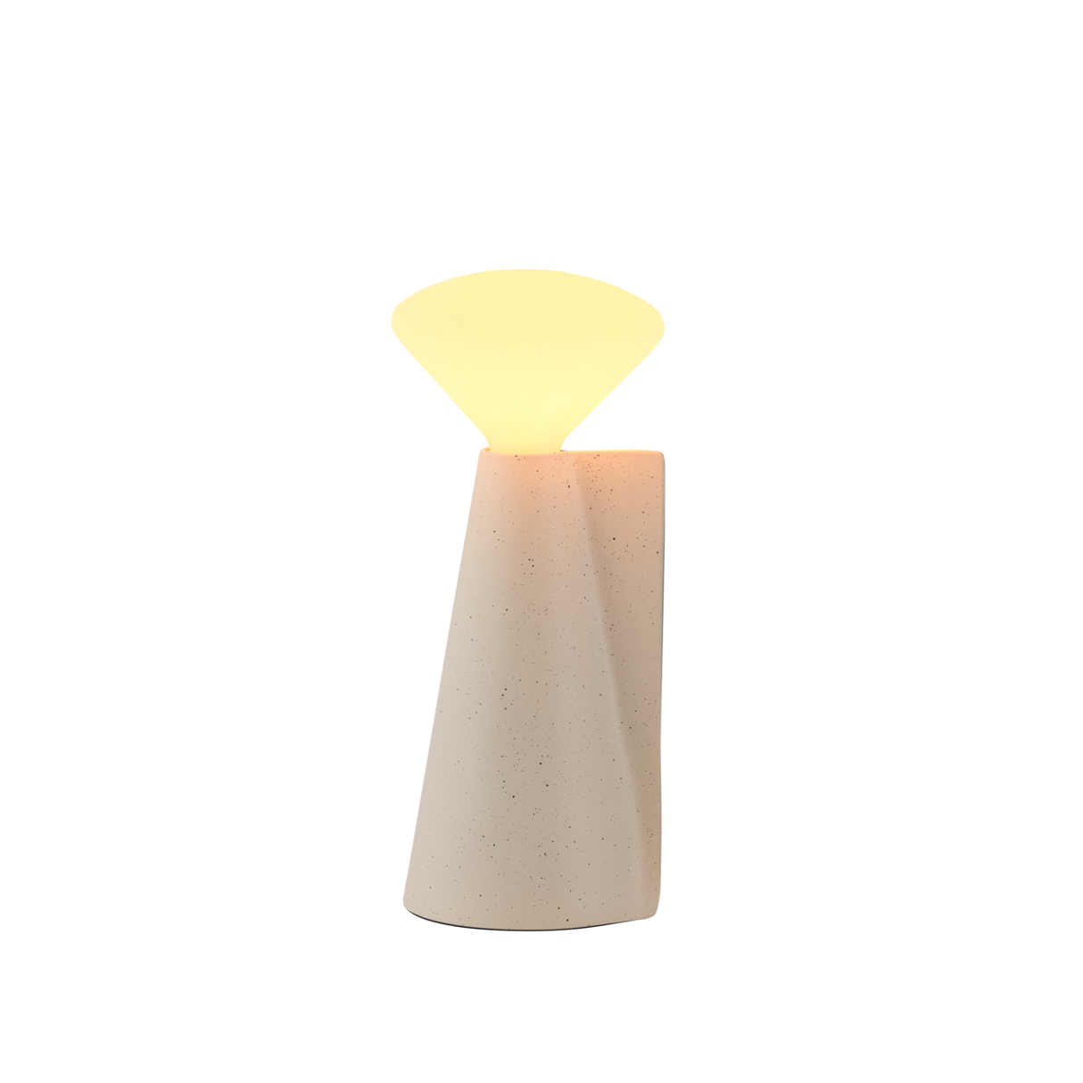 Modern Tala Mantle table lamp with textured beige ceramic base and warm glowing fan-shaped light